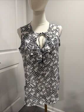 Karl Lagerfeld Black & White Graphic Ruffle open Tie Blouse